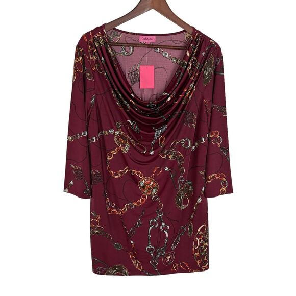 NWT Carmen Marc Valvo Burgundy Red Chain Print Top Silky Shirt Women's 1X - Picture 1 of 6